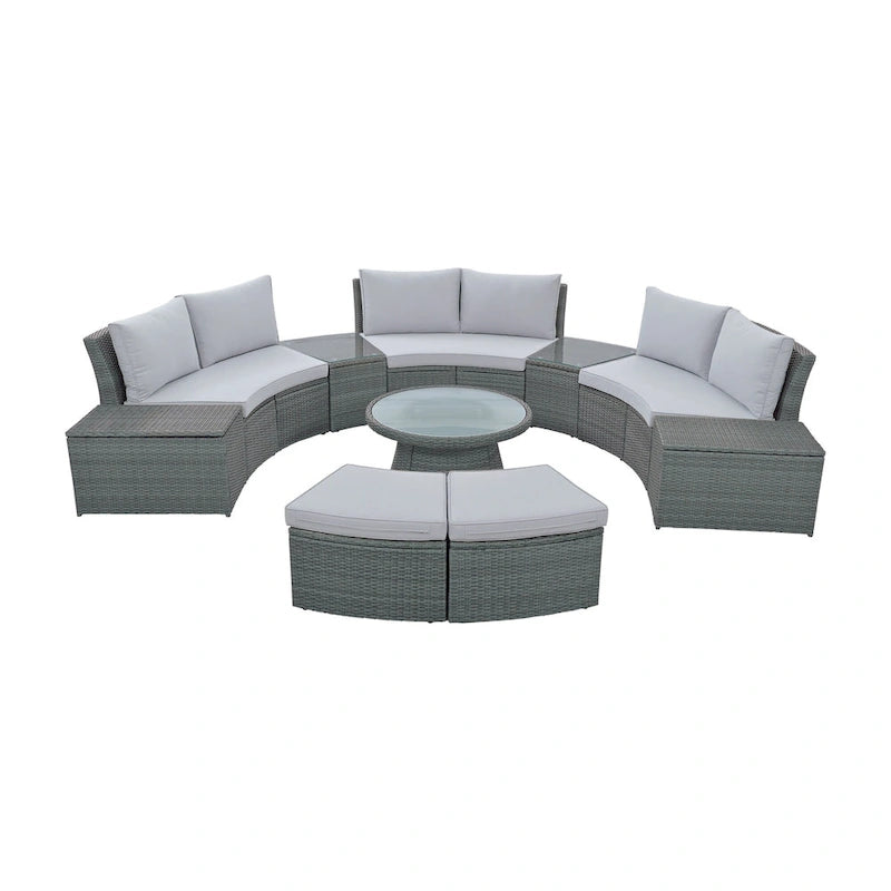 Ensemble de canapé d'angle modulable 10 pièces en rotin pour extérieur avec table basse, coffre de rangement et tables d'appoint