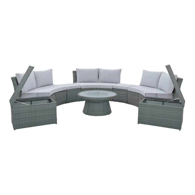 Ensemble de canapé d'angle modulable 10 pièces en rotin pour extérieur avec table basse, coffre de rangement et tables d'appoint
