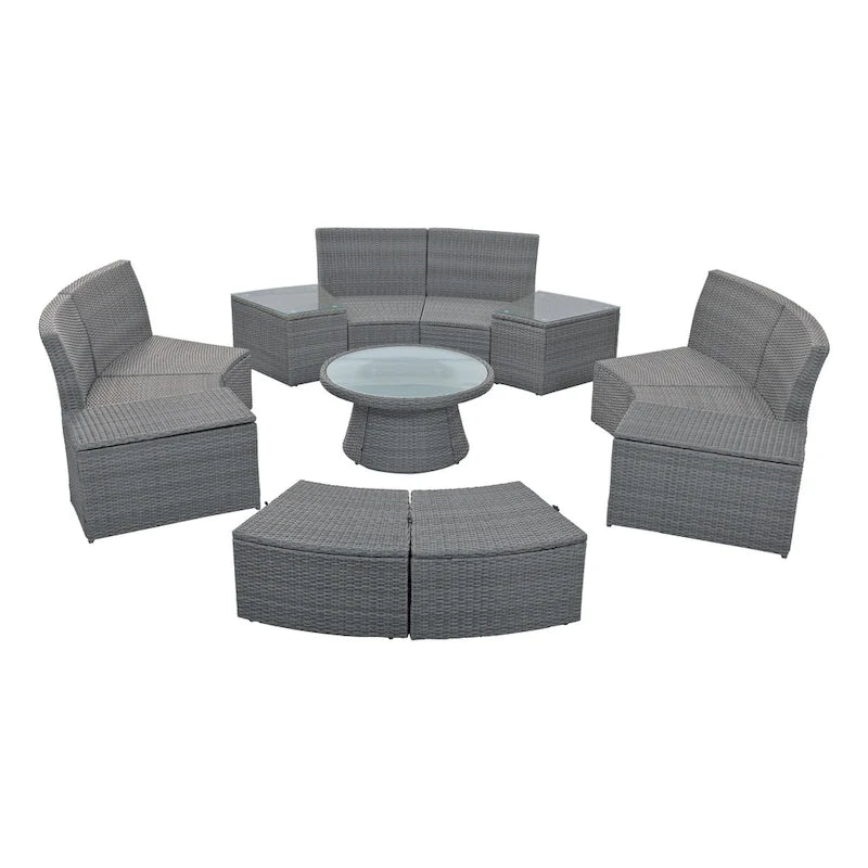 Ensemble de canapé d'angle modulable 10 pièces en rotin pour extérieur avec table basse, coffre de rangement et tables d'appoint