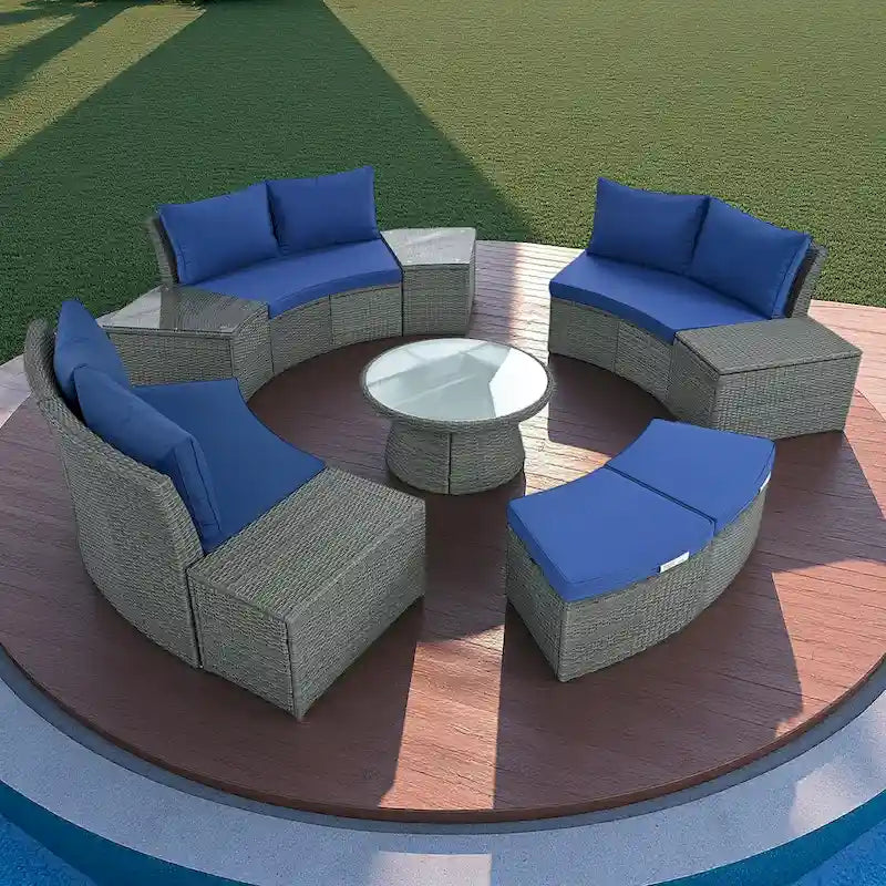 Ensemble de canapé d'angle modulable 10 pièces en rotin pour extérieur avec table basse, coffre de rangement et tables d'appoint