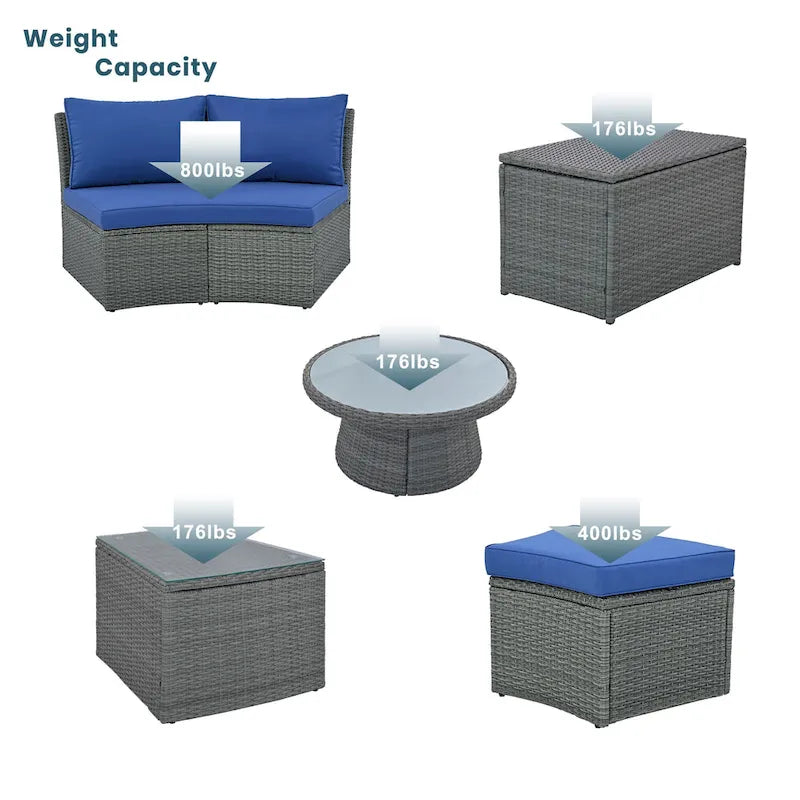 Ensemble de canapé d'angle modulable 10 pièces en rotin pour extérieur avec table basse, coffre de rangement et tables d'appoint