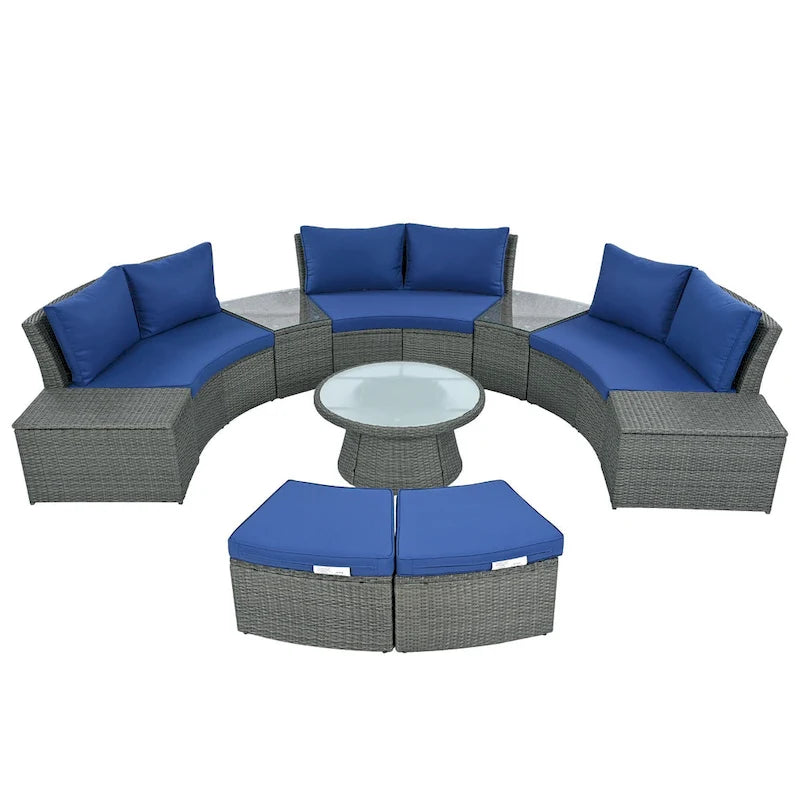 Ensemble de canapé d'angle modulable 10 pièces en rotin pour extérieur avec table basse, coffre de rangement et tables d'appoint