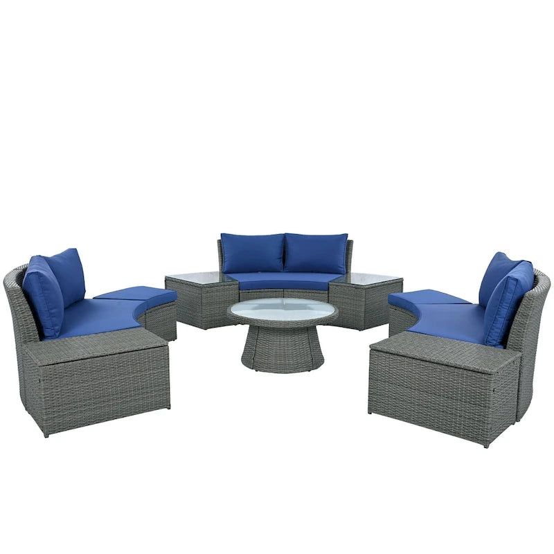 Ensemble de canapé d'angle modulable 10 pièces en rotin pour extérieur avec table basse, coffre de rangement et tables d'appoint