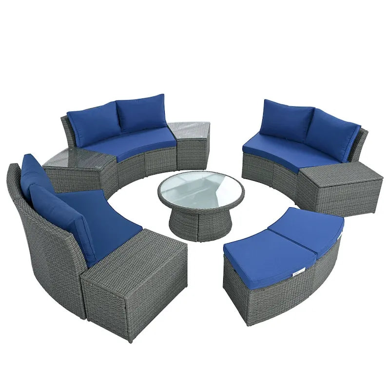 Ensemble de canapé d'angle modulable 10 pièces en rotin pour extérieur avec table basse, coffre de rangement et tables d'appoint