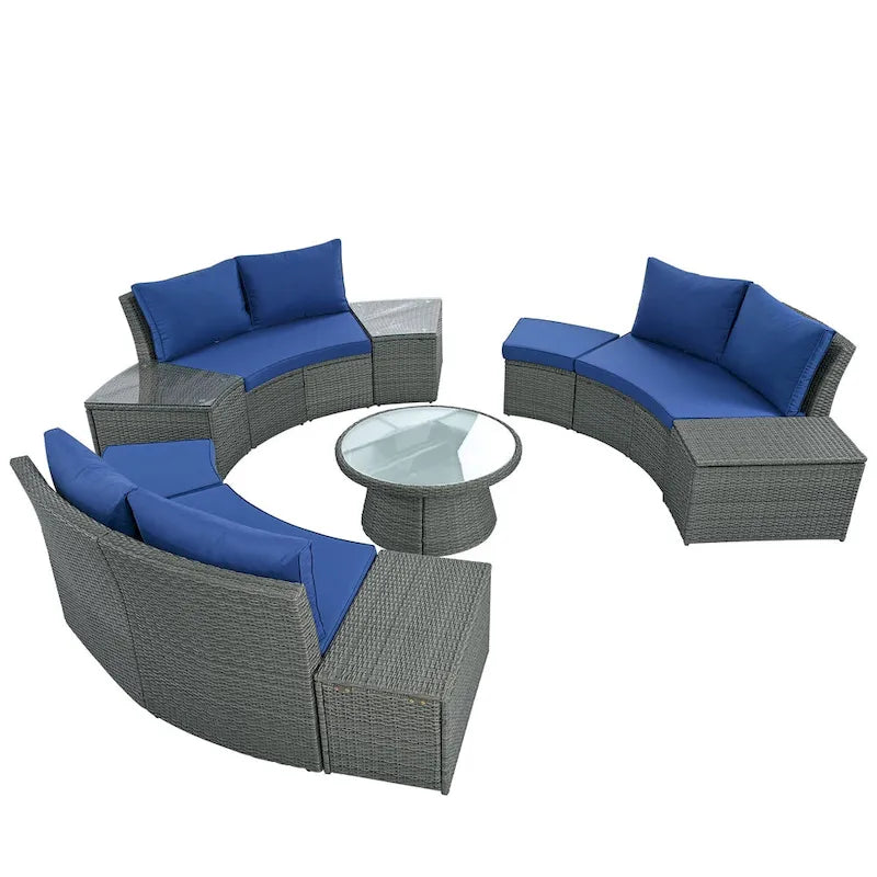 Ensemble de canapé d'angle modulable 10 pièces en rotin pour extérieur avec table basse, coffre de rangement et tables d'appoint