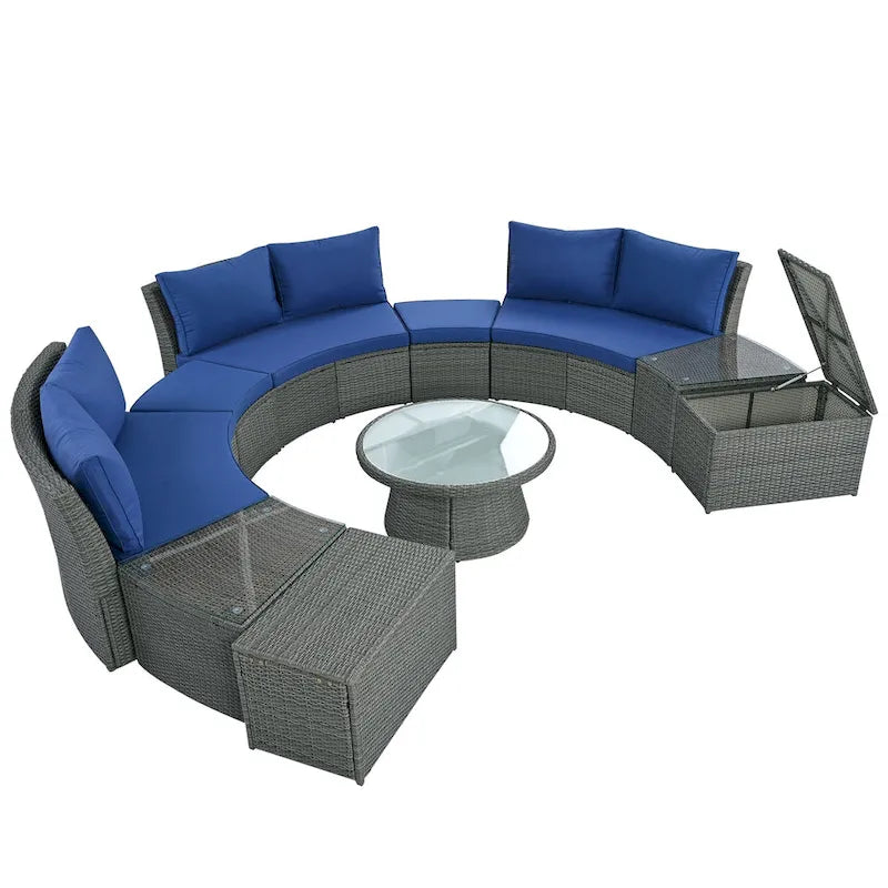 Ensemble de canapé d'angle modulable 10 pièces en rotin pour extérieur avec table basse, coffre de rangement et tables d'appoint