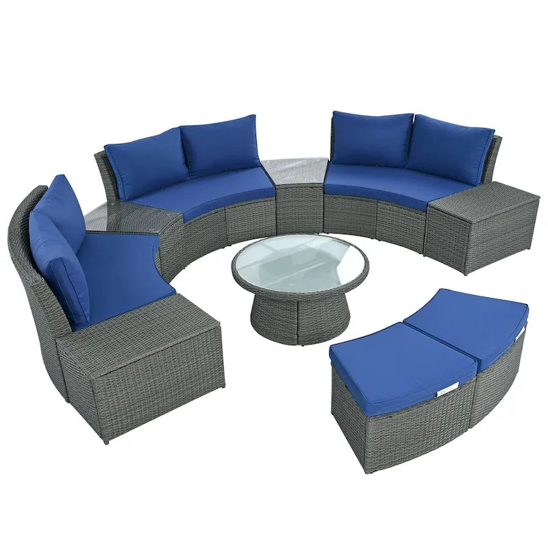 Ensemble de canapé d'angle modulable 10 pièces en rotin pour extérieur avec table basse, coffre de rangement et tables d'appoint