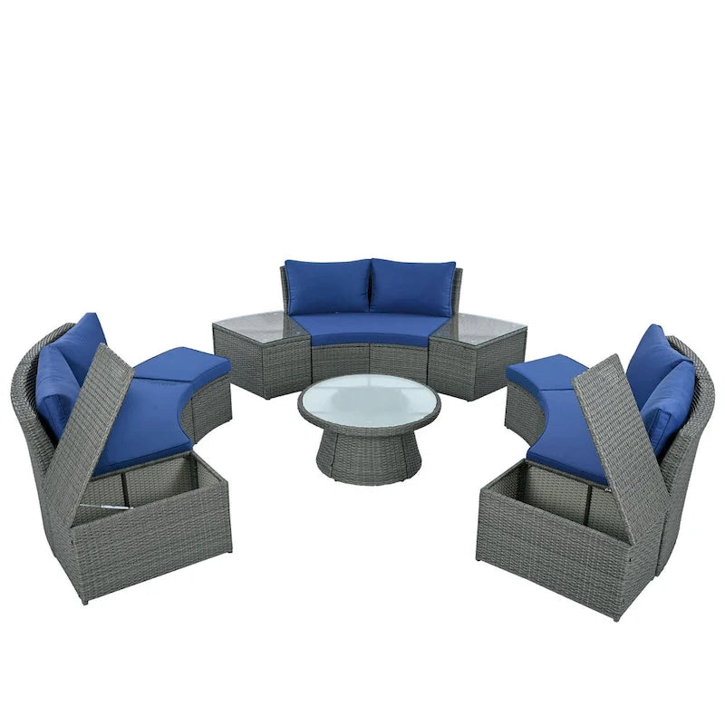 Ensemble de canapé d'angle modulable 10 pièces en rotin pour extérieur avec table basse, coffre de rangement et tables d'appoint