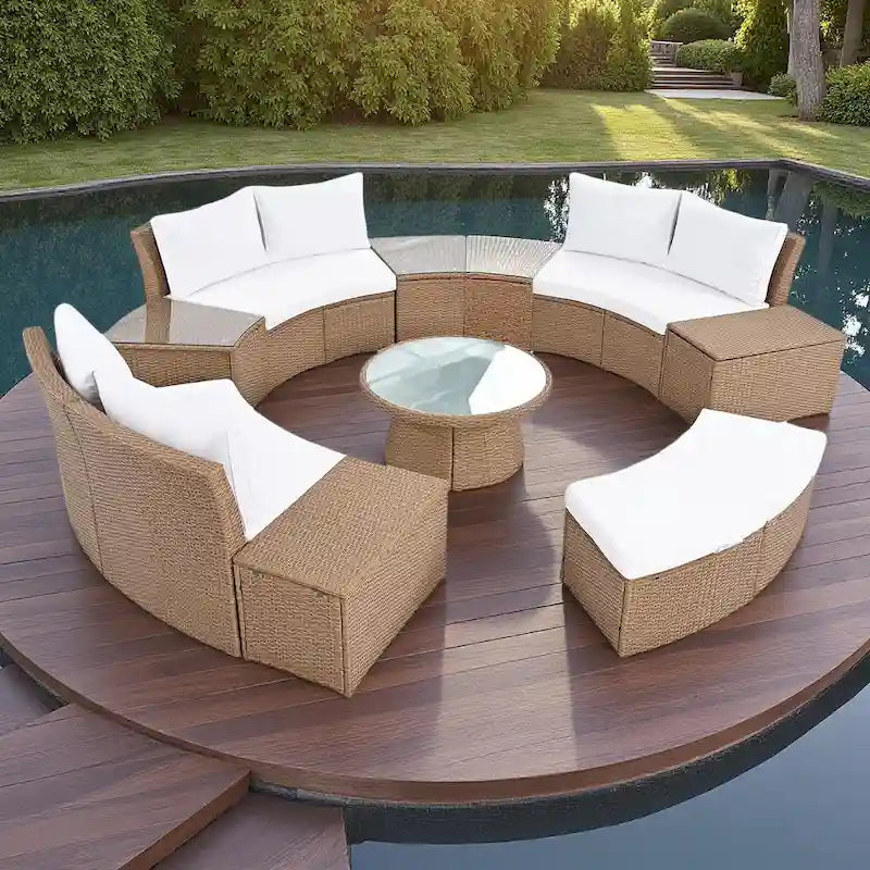 Ensemble de canapé d'angle modulable 10 pièces en rotin pour extérieur avec table basse, coffre de rangement et tables d'appoint