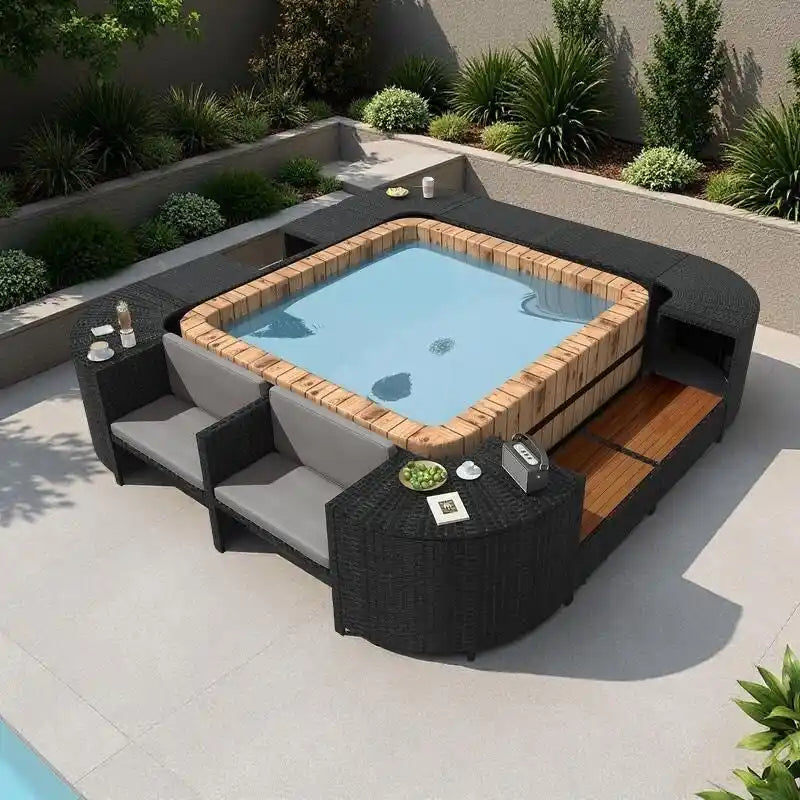 Ensemble canapé d'extérieur en rotin pour spa avec rangements et banc en bois