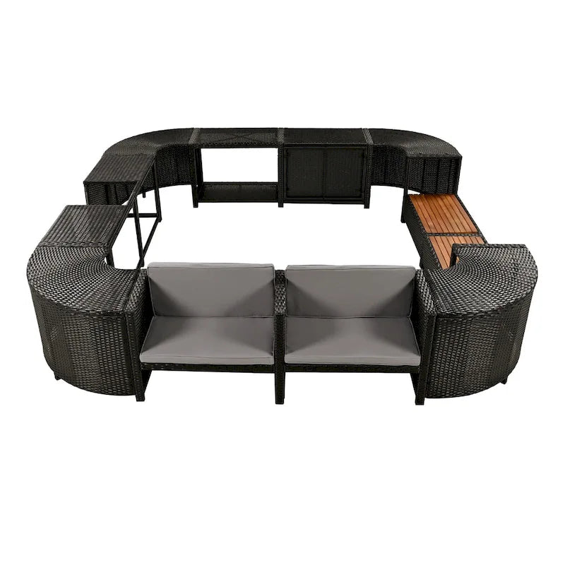 Ensemble canapé d'extérieur en rotin pour spa avec rangements et banc en bois
