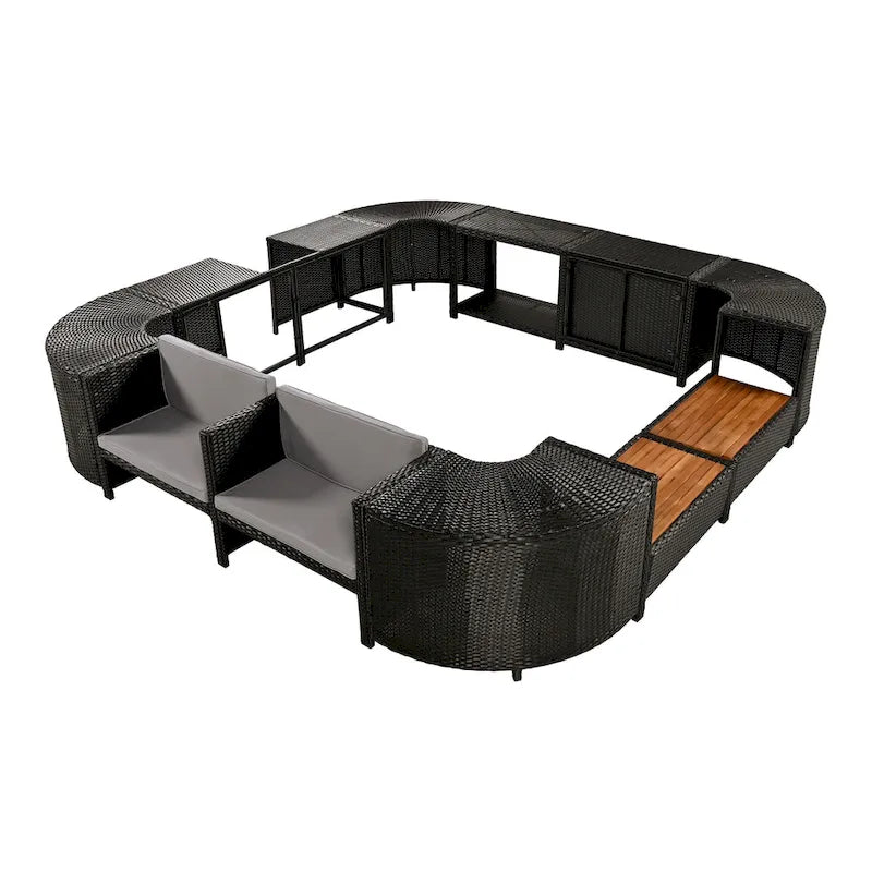 Ensemble canapé d'extérieur en rotin pour spa avec rangements et banc en bois