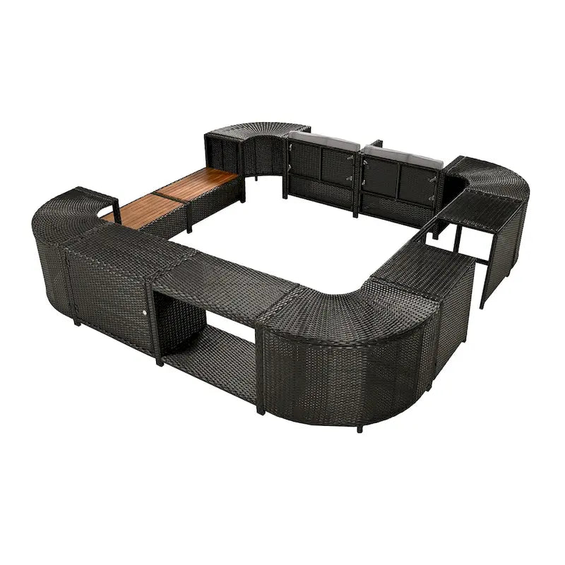 Ensemble canapé d'extérieur en rotin pour spa avec rangements et banc en bois