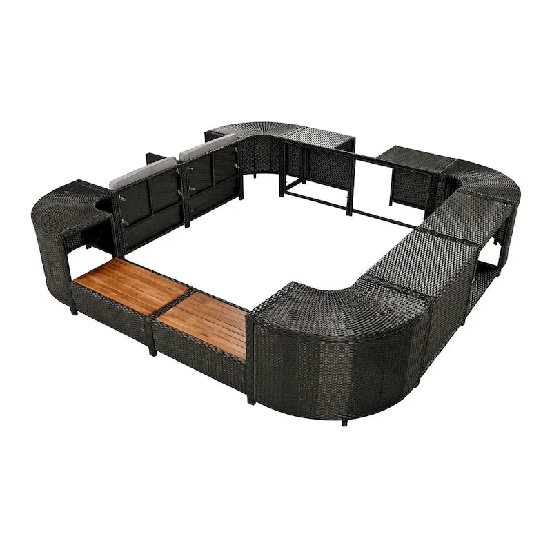 Ensemble canapé d'extérieur en rotin pour spa avec rangements et banc en bois