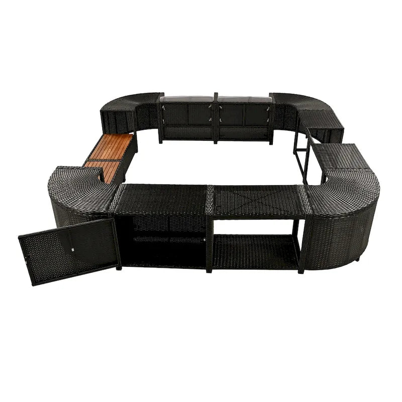 Ensemble canapé d'extérieur en rotin pour spa avec rangements et banc en bois