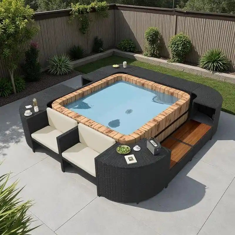 Ensemble canapé d'extérieur en rotin pour spa avec rangements et banc en bois