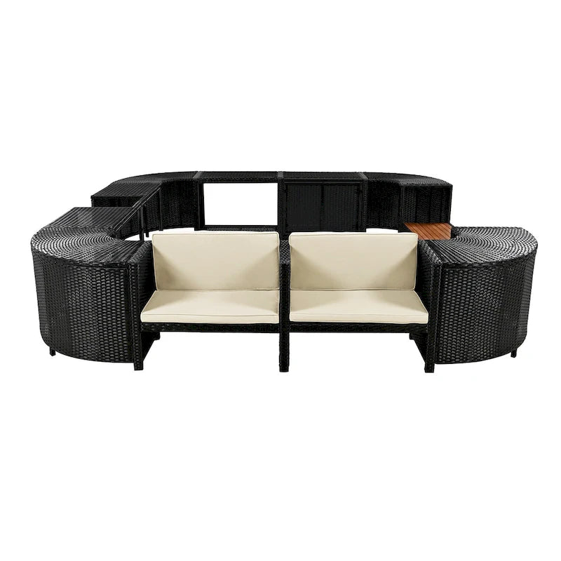 Ensemble canapé d'extérieur en rotin pour spa avec rangements et banc en bois
