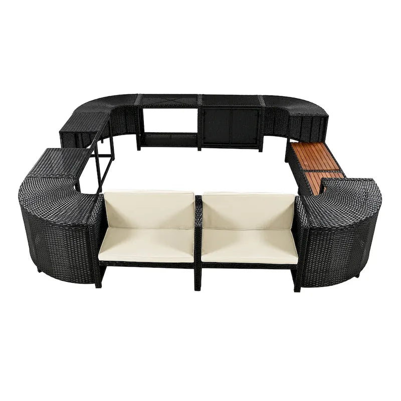 Ensemble canapé d'extérieur en rotin pour spa avec rangements et banc en bois