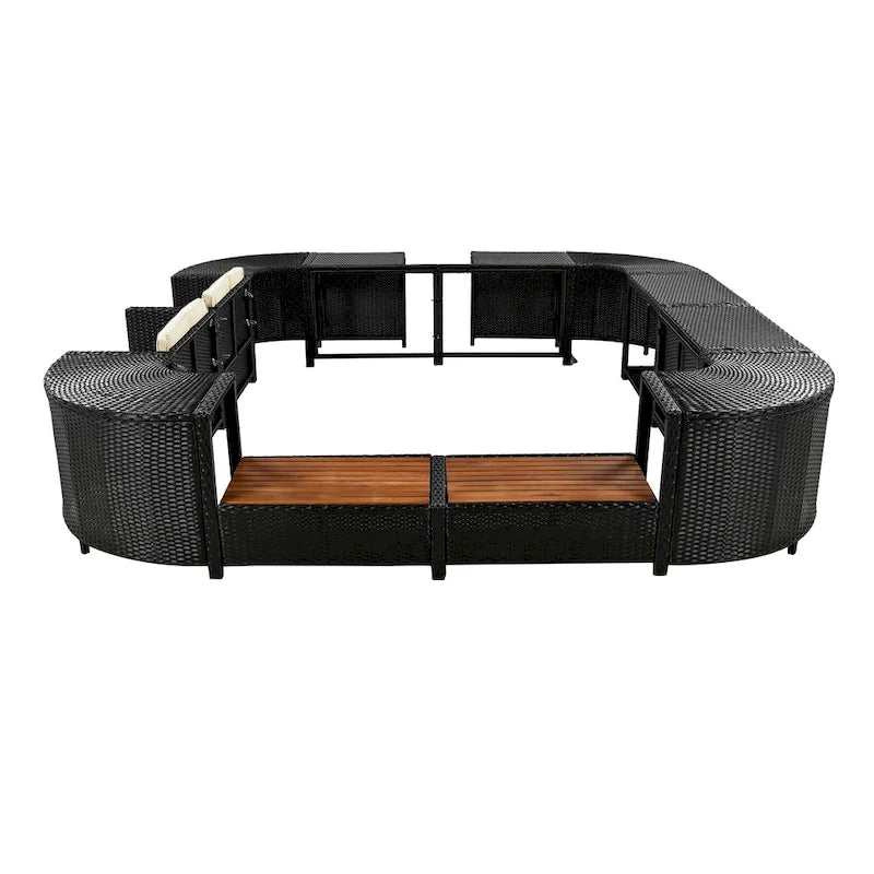 Ensemble canapé d'extérieur en rotin pour spa avec rangements et banc en bois