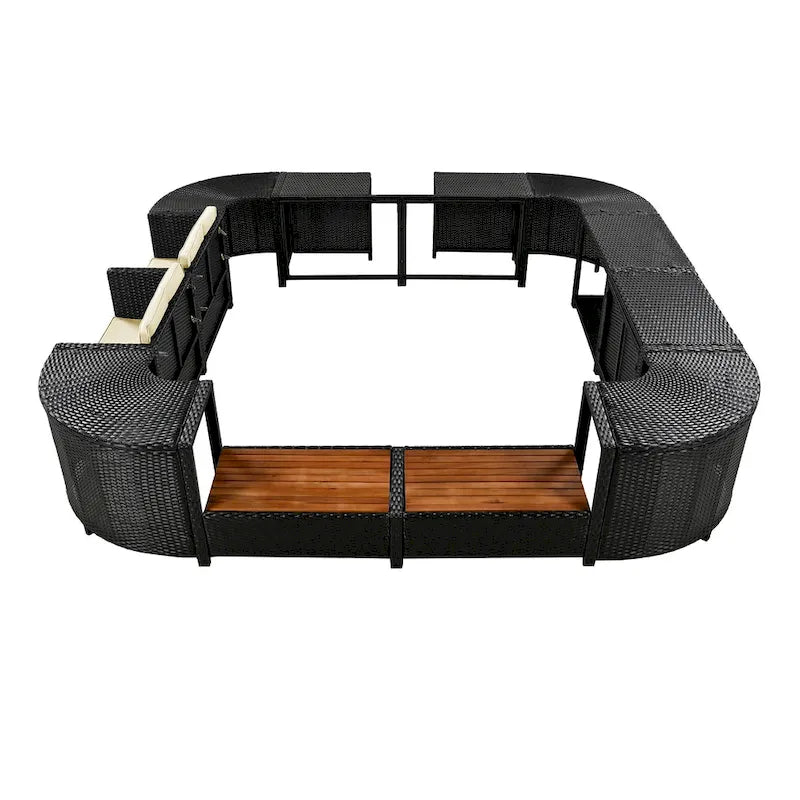 Ensemble canapé d'extérieur en rotin pour spa avec rangements et banc en bois