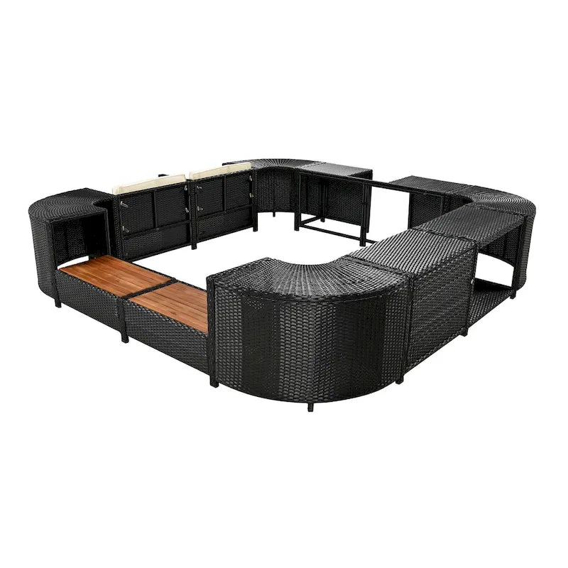 Ensemble canapé d'extérieur en rotin pour spa avec rangements et banc en bois