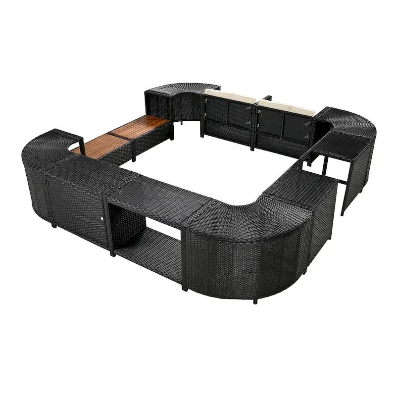 Ensemble canapé d'extérieur en rotin pour spa avec rangements et banc en bois