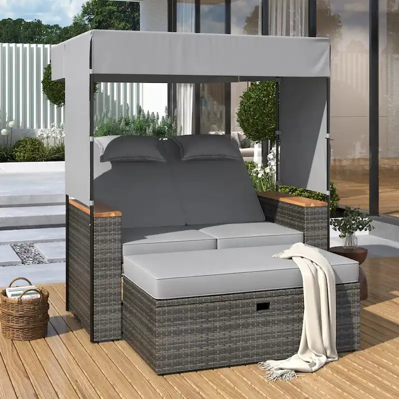 2-Piece Outdoor Rattan 5 Positions Daybed with Bench & Cushions