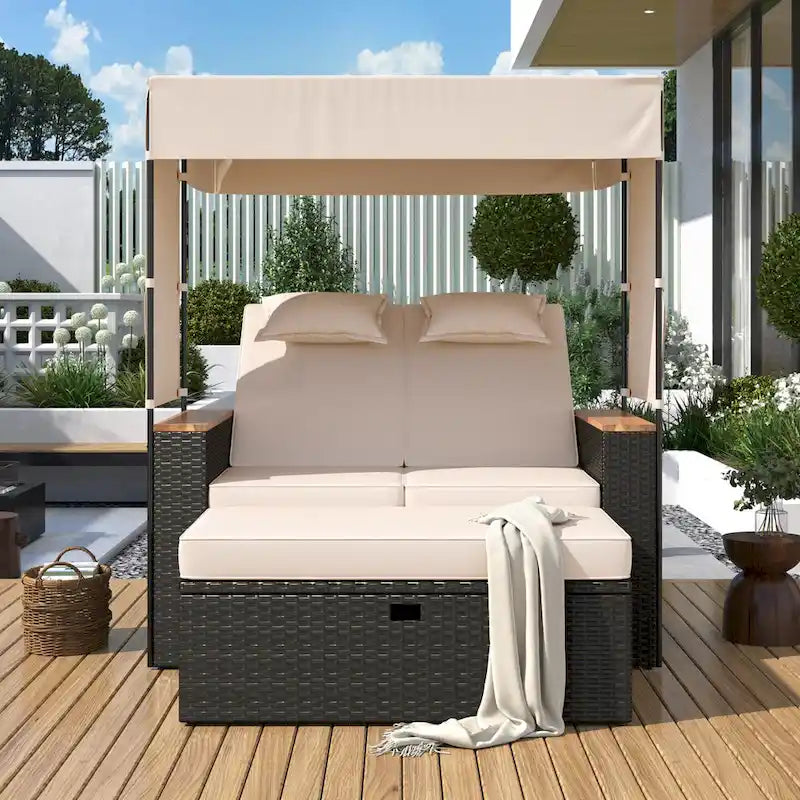 Bain de soleil 2 places en rotin à 5 positions avec banc et coussins