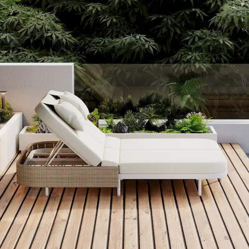 Outdoor Daybed, Patio Rattan Daybed with 5-Position Adjustable Backrest and Removable Cushions&Pillows