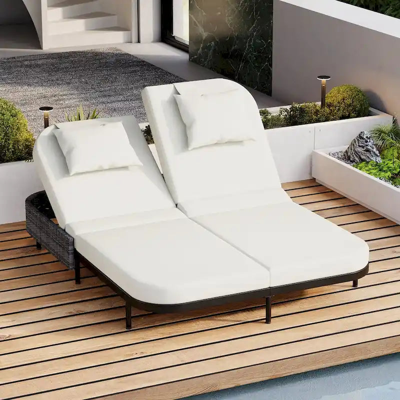 Outdoor Daybed, Patio Rattan Daybed with 5-Position Adjustable Backrest and Removable Cushions&Pillows