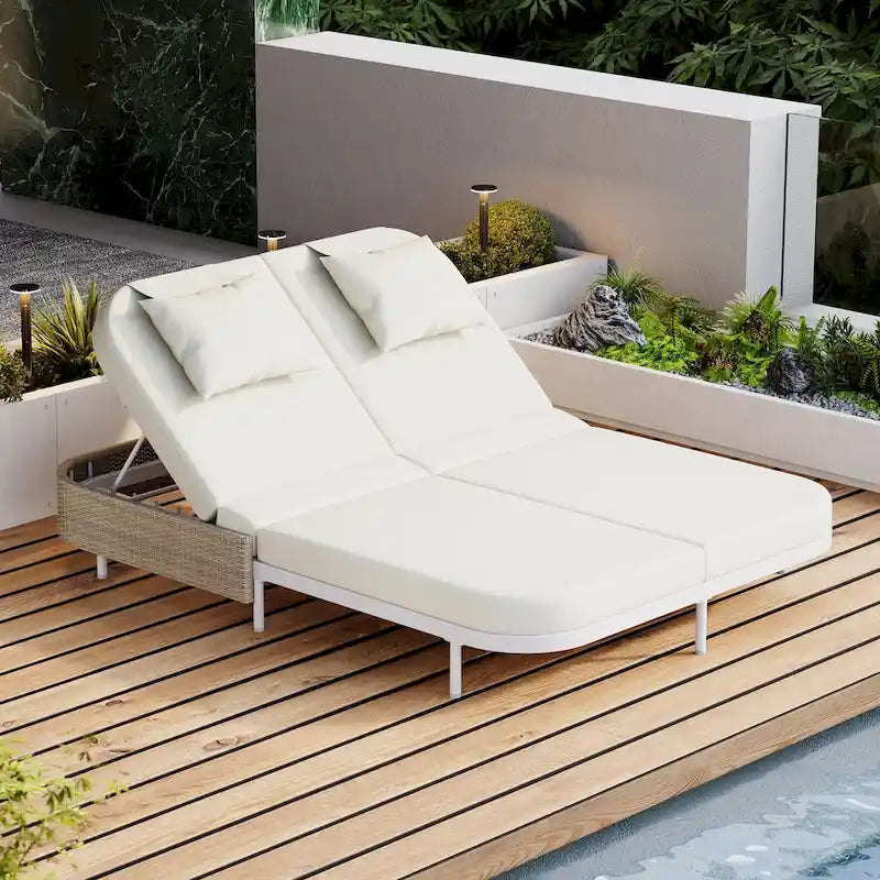 Outdoor Daybed, Patio Rattan Daybed with 5-Position Adjustable Backrest and Removable Cushions&Pillows