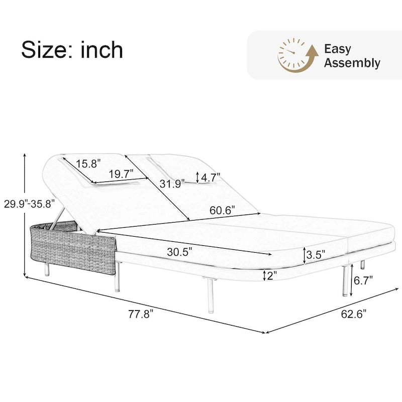 Outdoor Daybed, Patio Rattan Daybed with 5-Position Adjustable Backrest and Removable Cushions&Pillows