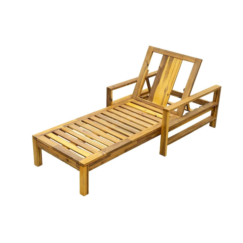 Outdoor Patio Acacia Wood Daybed Lounge Chair with Adjustable Backrest