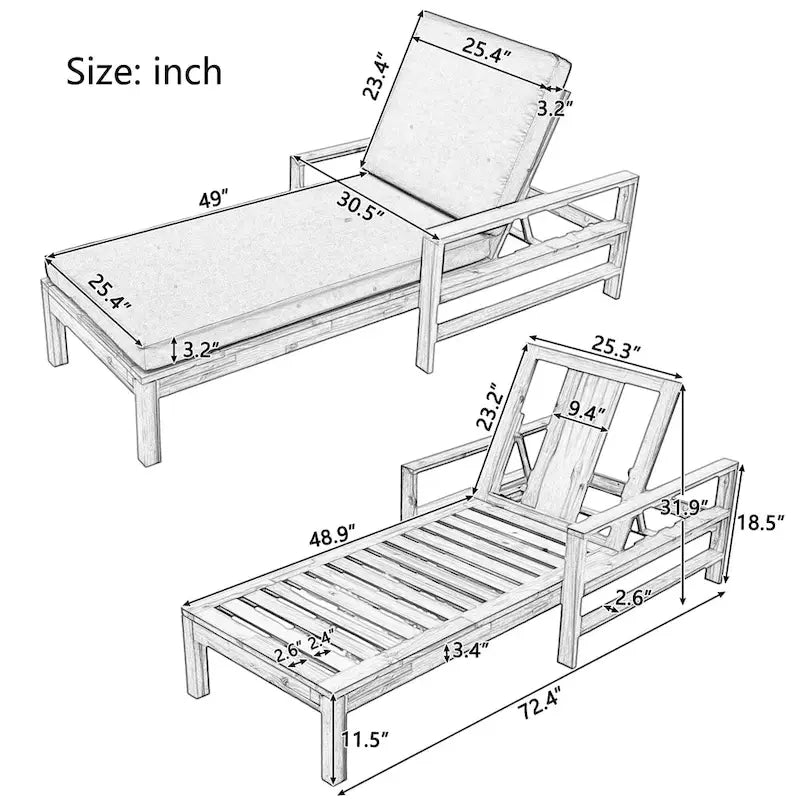 Outdoor Patio Acacia Wood Daybed Lounge Chair with Adjustable Backrest