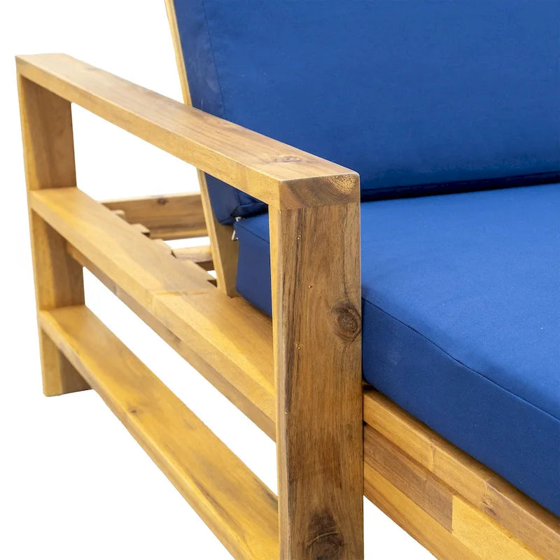 Outdoor Patio Acacia Wood Daybed Lounge Chair with Adjustable Backrest