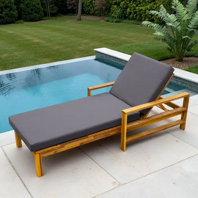 Outdoor Patio Acacia Wood Daybed Lounge Chair with Adjustable Backrest