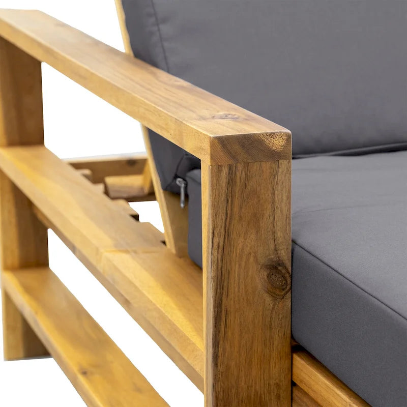 Outdoor Patio Acacia Wood Daybed Lounge Chair with Adjustable Backrest