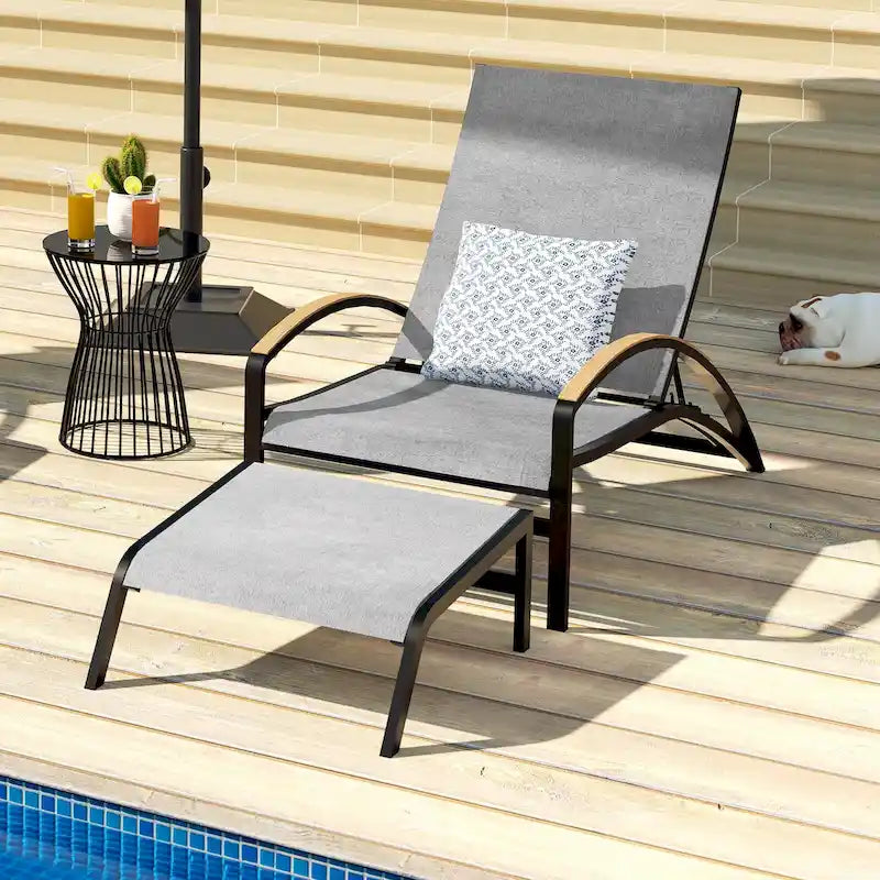 Chaise longue d'extérieur réglable en aluminium avec roulettes et ottoman (gris)