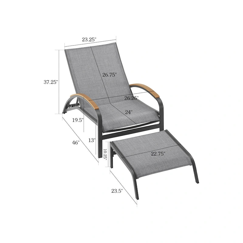 Chaise longue d'extérieur réglable en aluminium avec roulettes et ottoman (gris)