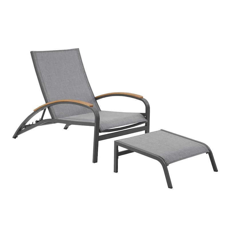 Chaise longue d'extérieur réglable en aluminium avec roulettes et ottoman (gris)