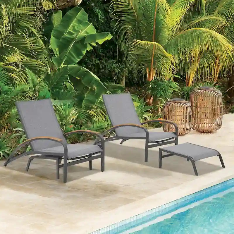 Chaise longue d'extérieur réglable en aluminium avec roulettes et ottoman (gris)