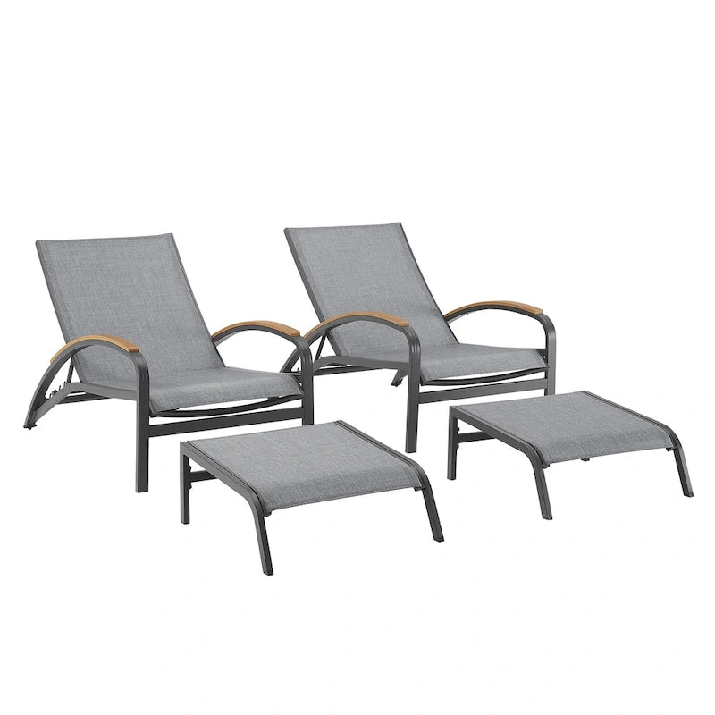 Chaise longue d'extérieur réglable en aluminium avec roulettes et ottoman (gris)