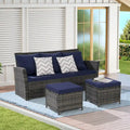 Ensembles de conversation de patio en osier et rotin d'extérieur 3 pièces avec deux poufs pour jardin, balcon