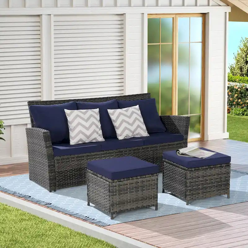 Ensembles de conversation de patio en osier et rotin d'extérieur 3 pièces avec deux poufs pour jardin, balcon