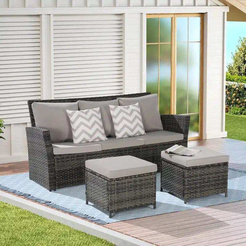 3 Piece Outdoor Wicker Rattan Patio Conversation Sets with Two Ottoman for Backyard, Balcony