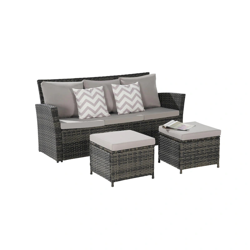 Ensembles de conversation de patio en osier et rotin d'extérieur 3 pièces avec deux poufs pour jardin, balcon
