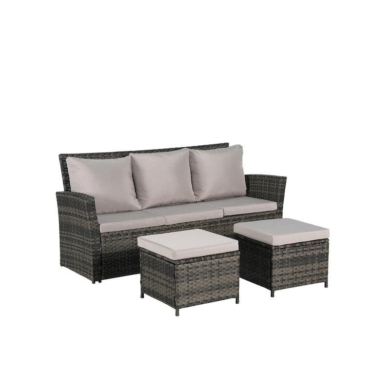 Ensembles de conversation de patio en osier et rotin d'extérieur 3 pièces avec deux poufs pour jardin, balcon