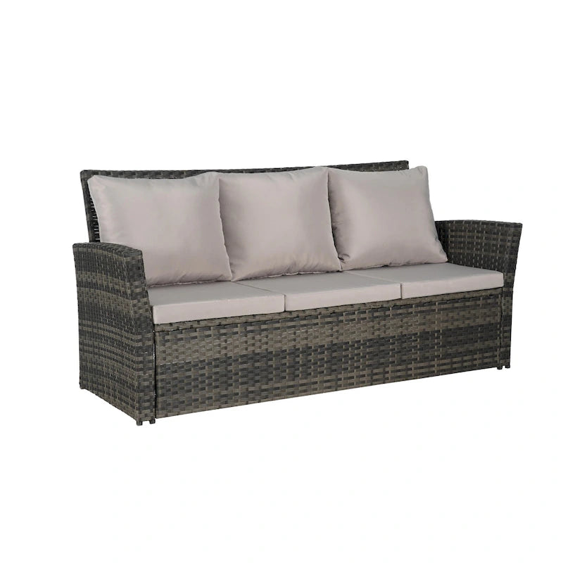 Ensembles de conversation de patio en osier et rotin d'extérieur 3 pièces avec deux poufs pour jardin, balcon