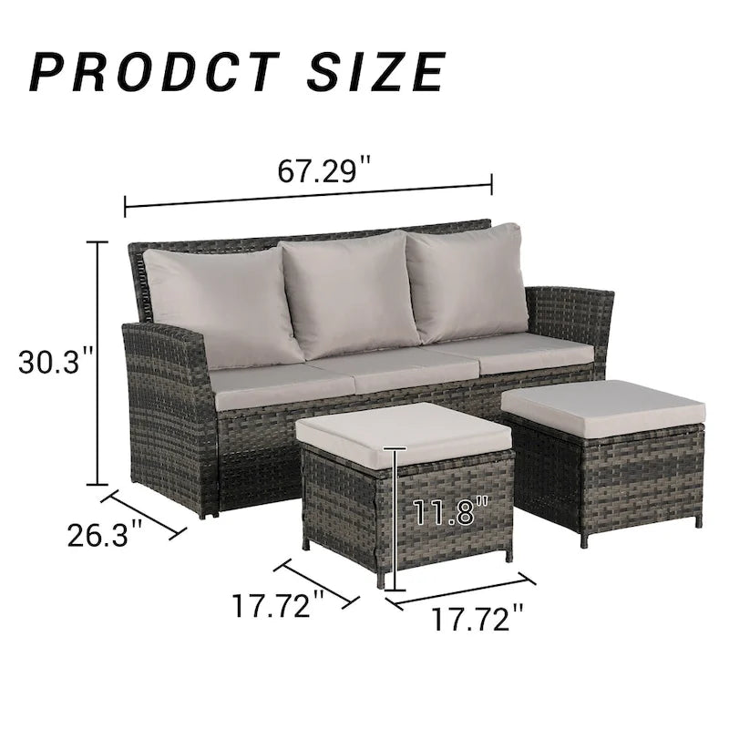 Ensembles de conversation de patio en osier et rotin d'extérieur 3 pièces avec deux poufs pour jardin, balcon