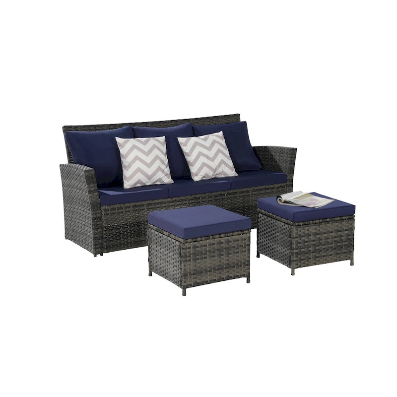 Ensembles de conversation de patio en osier et rotin d'extérieur 3 pièces avec deux poufs pour jardin, balcon